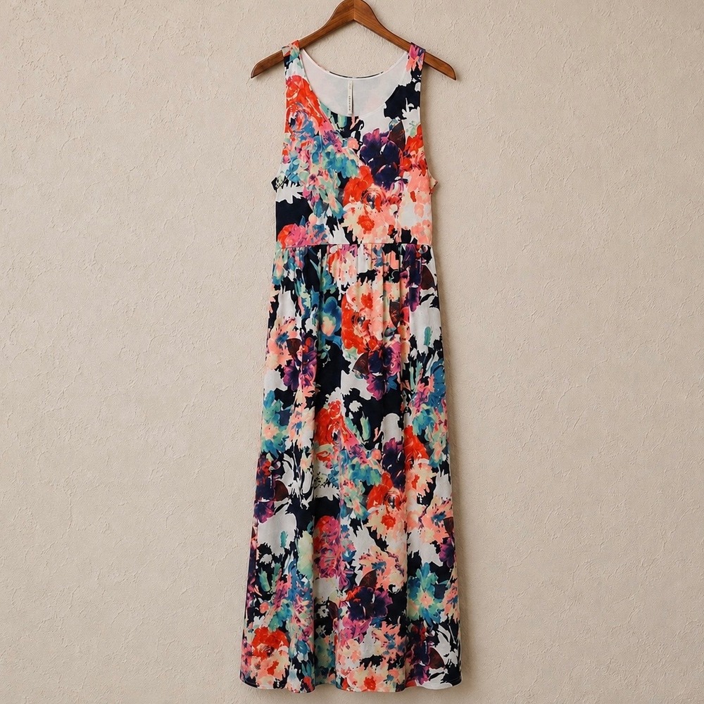 Bellamie Floral Maxi Dress Womens S Sleeveless Pockets Watercolor Navy Summer